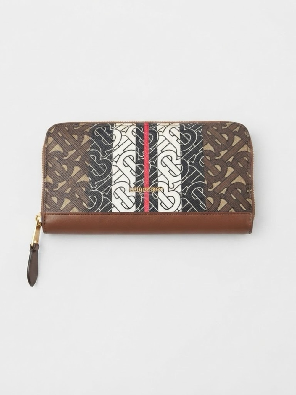 TB Monogram Print Leather Trim Zip Around Long Wallet Brown